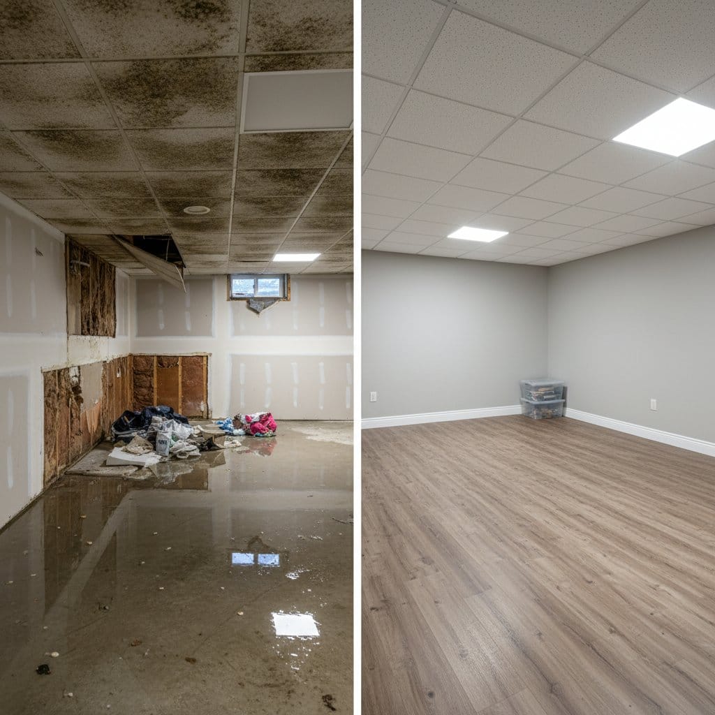 Water Damage Restoration before and after in residential basement, Haworth NJ