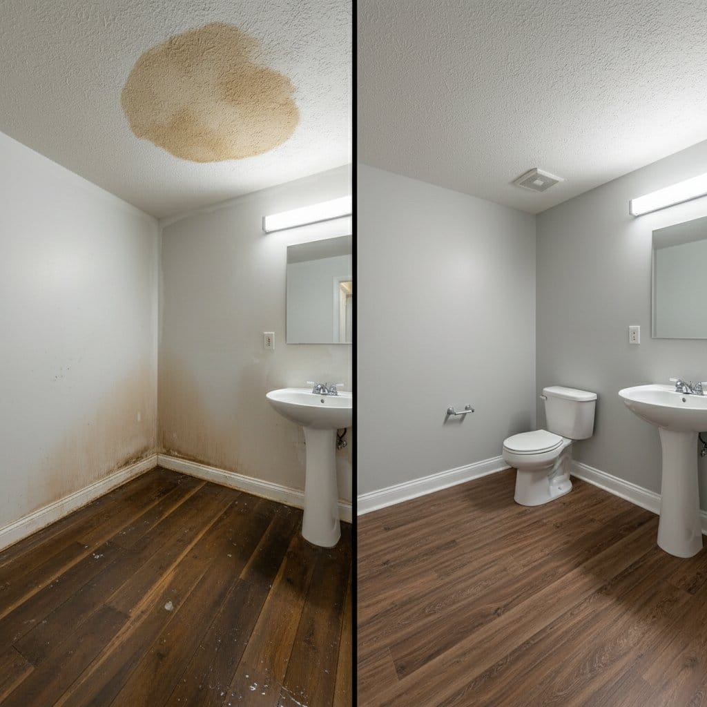 Before and after water damage restoration in Haworth split-level home bathroom
