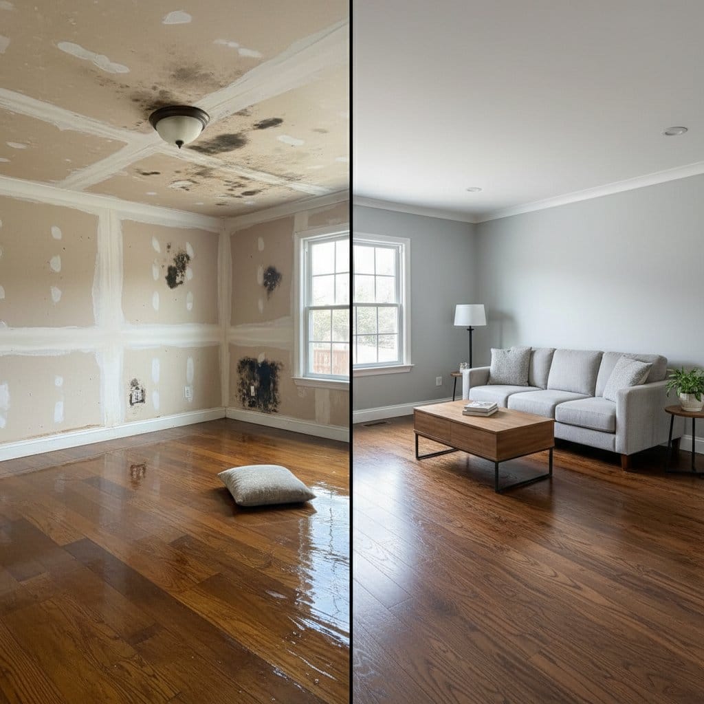 Emergency Water Removal before and after in living room, Haworth NJ