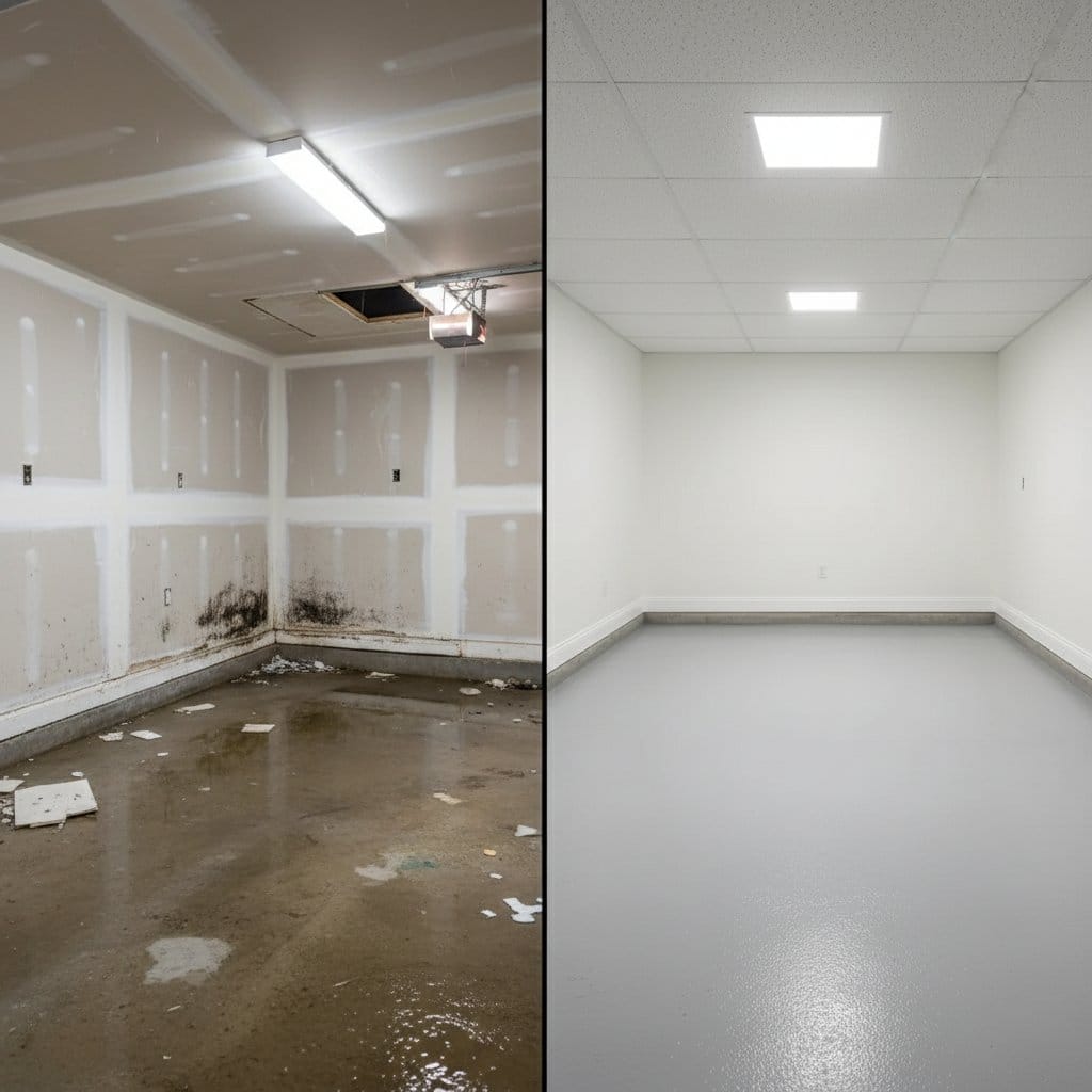 Basement Flood Cleanup before and after in garage, Haworth NJ