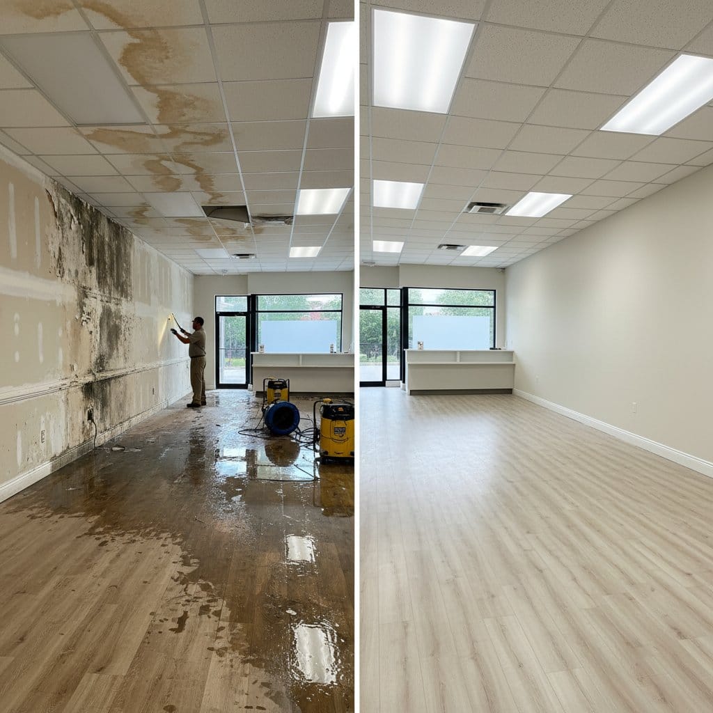 Before and after storm & roof leak water damage in Haworth Cape Cod house storefront interior
