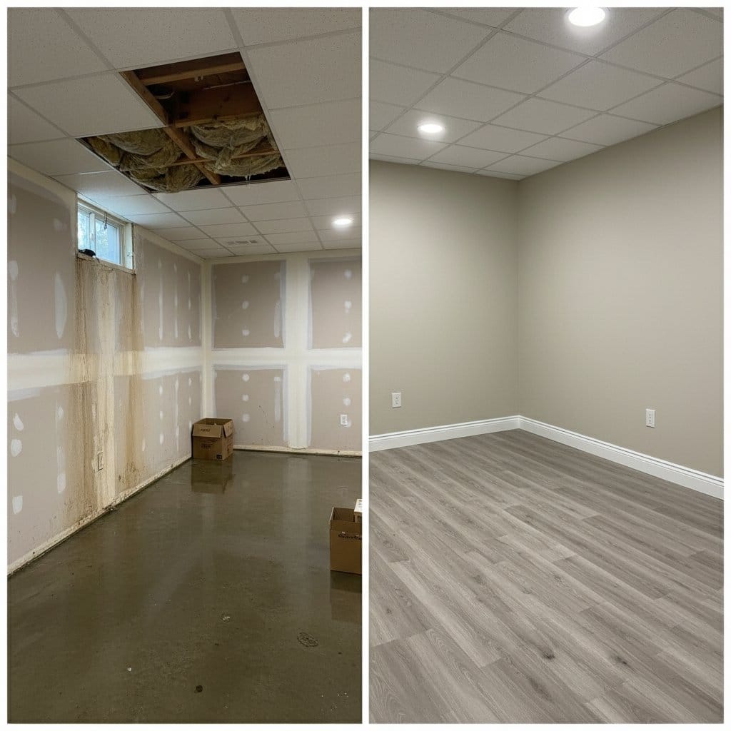 Sewage Backup Cleanup before and after in residential basement, Haworth NJ