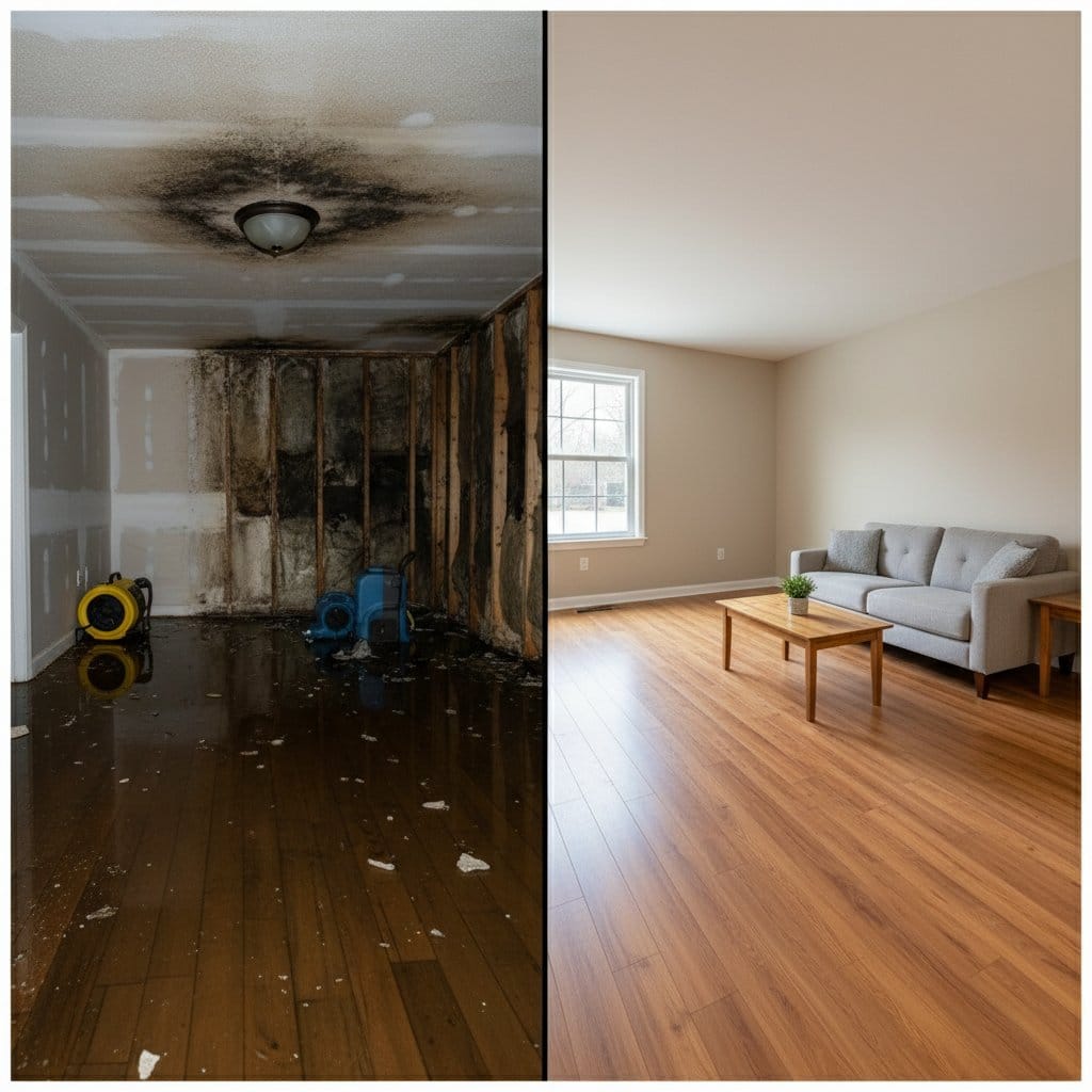 Structural Drying & Dehumidification before and after in living room, Haworth NJ