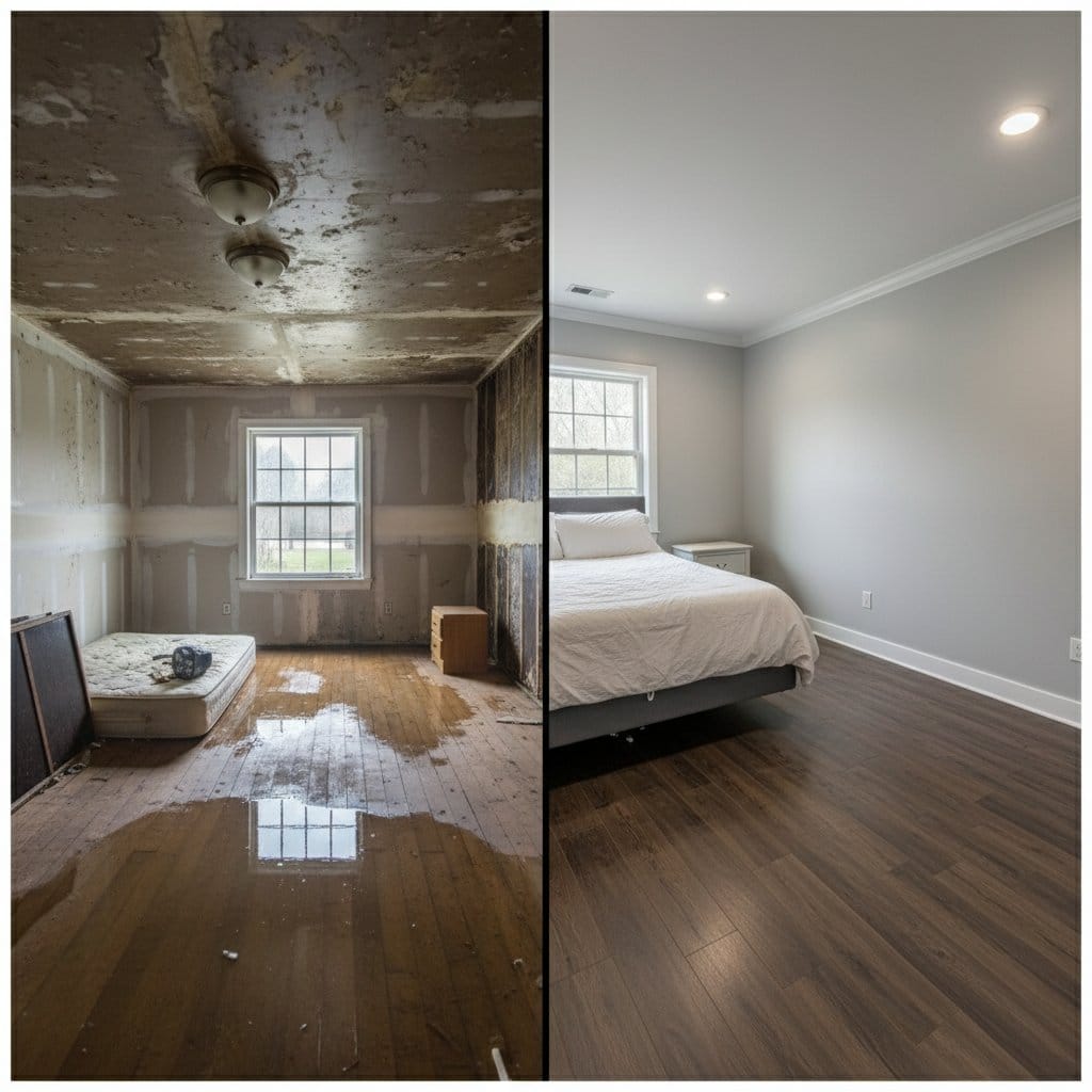 Before and after structural drying & dehumidification in Haworth bi-level home bedroom