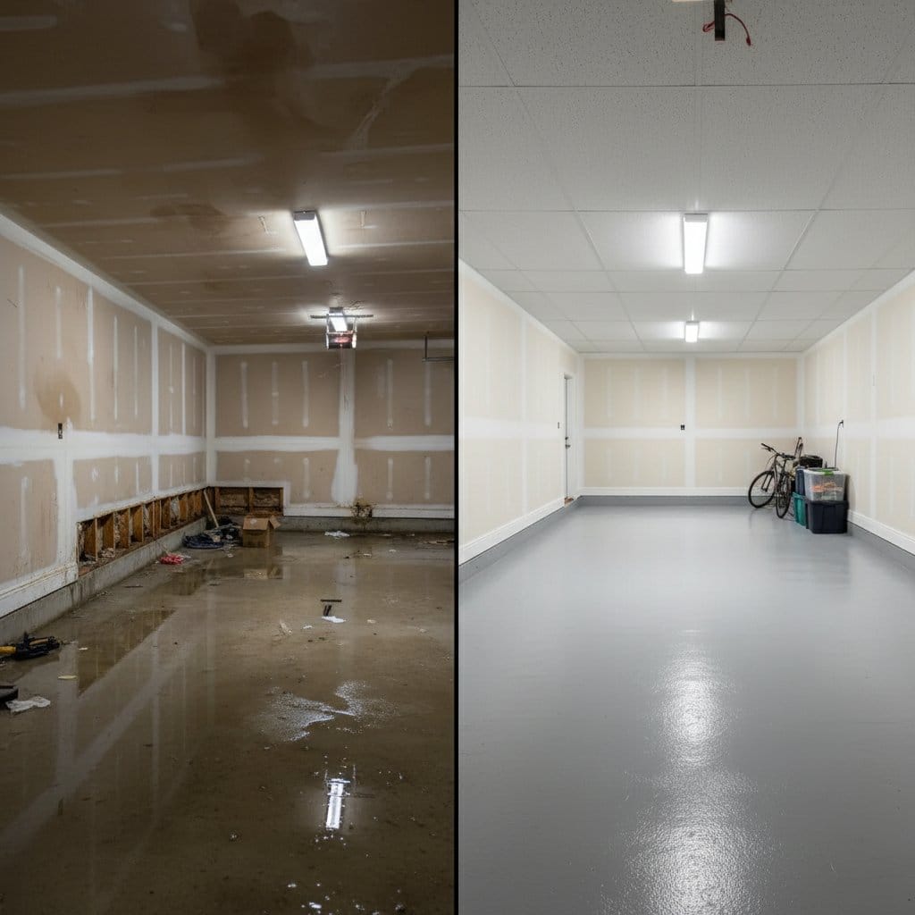 Carpet & Flooring Water Damage Cleanup before and after in garage, Haworth NJ