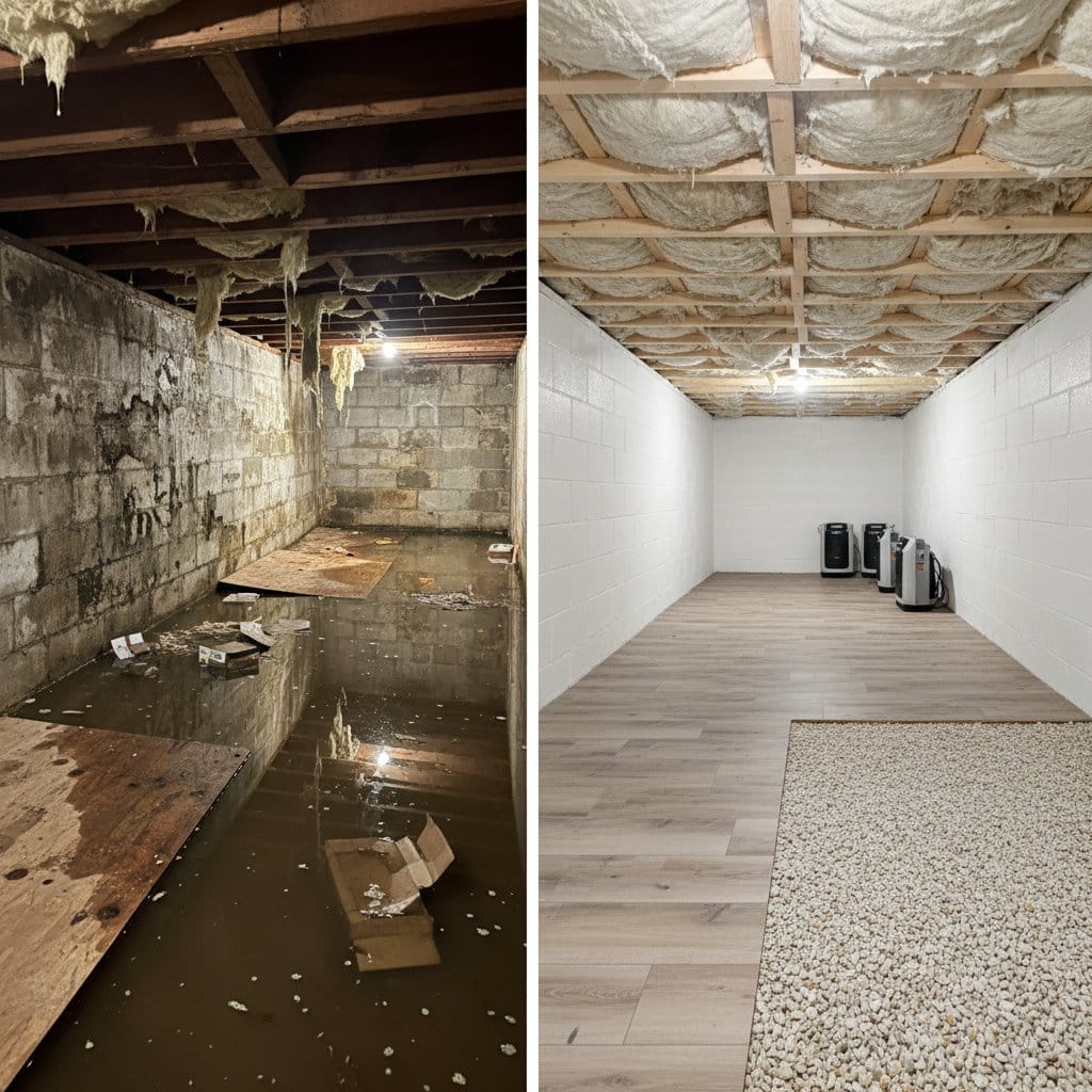 Carpet & Flooring Water Damage Cleanup restoration — crawl space of bungalow in Haworth, NJ