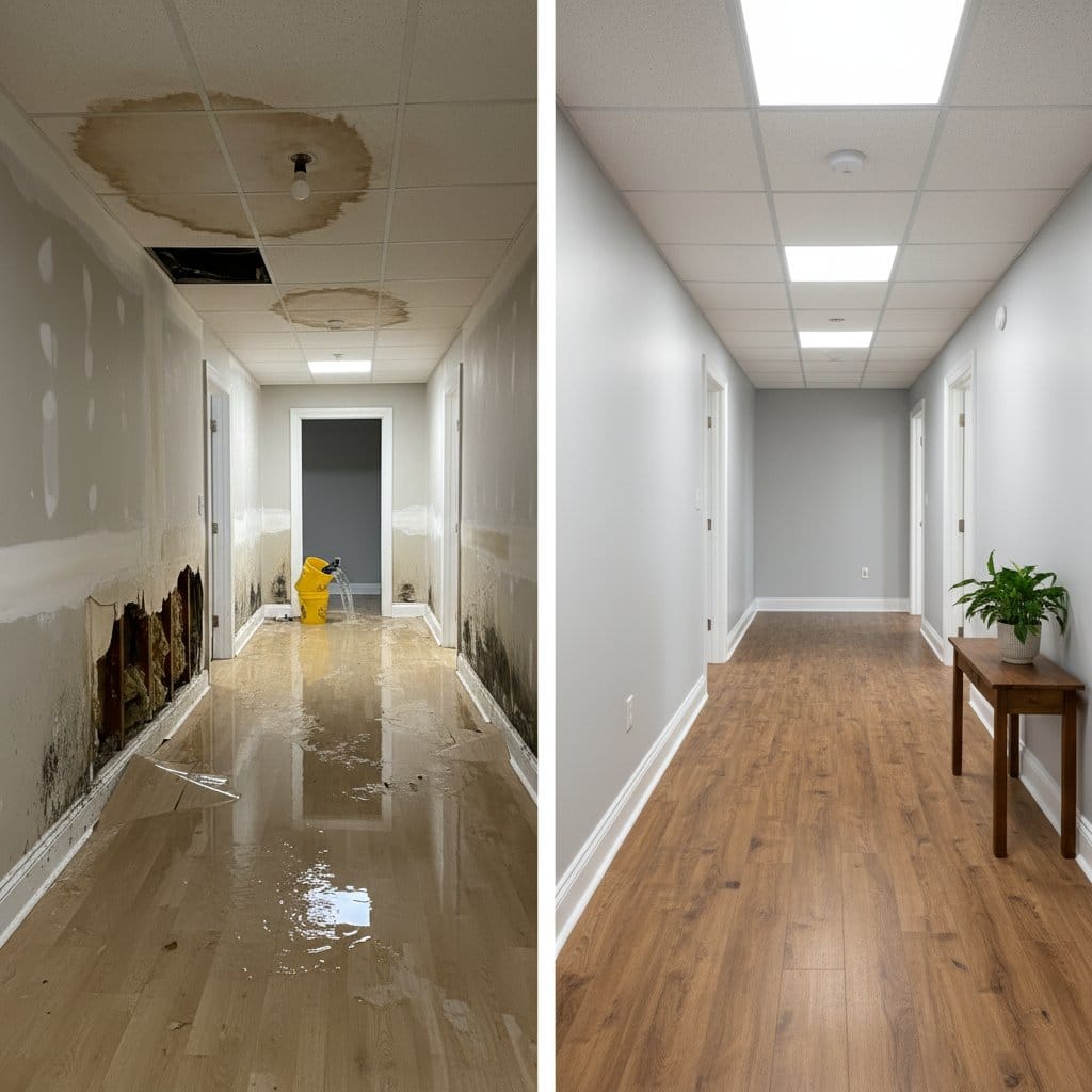 Wall & Ceiling Dry-Out before and after in hallway, Haworth NJ