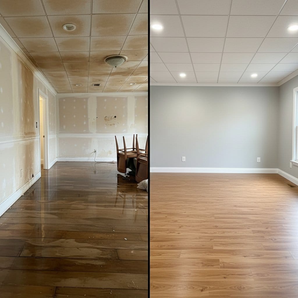 Before and after wall & ceiling dry-out in Haworth ranch-style home dining room