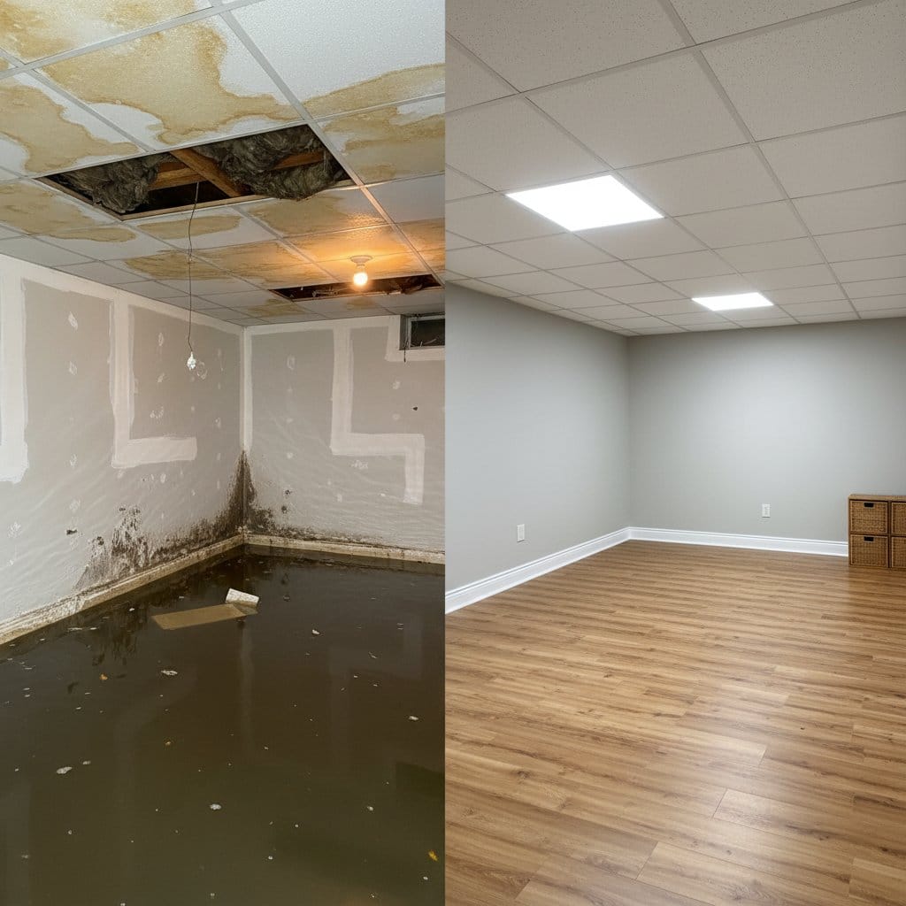 Content Drying & Property Cleanup before and after in finished basement, Haworth NJ