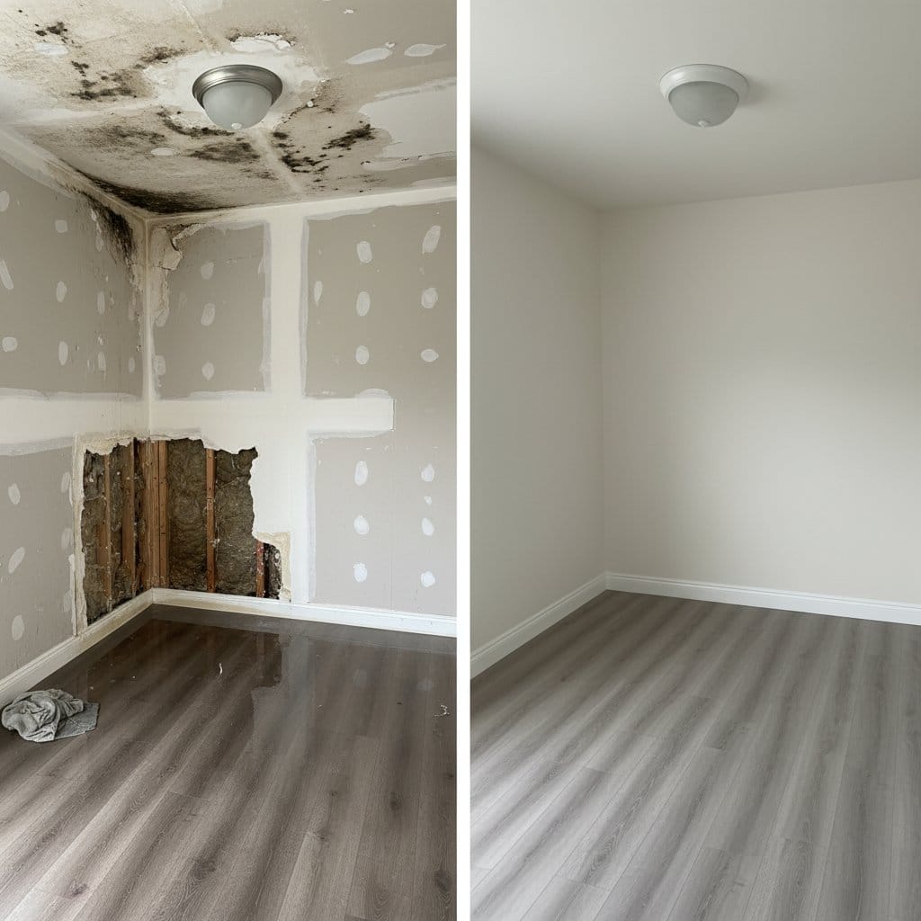 Before and after mold prevention after water damage in Haworth Victorian home bathroom